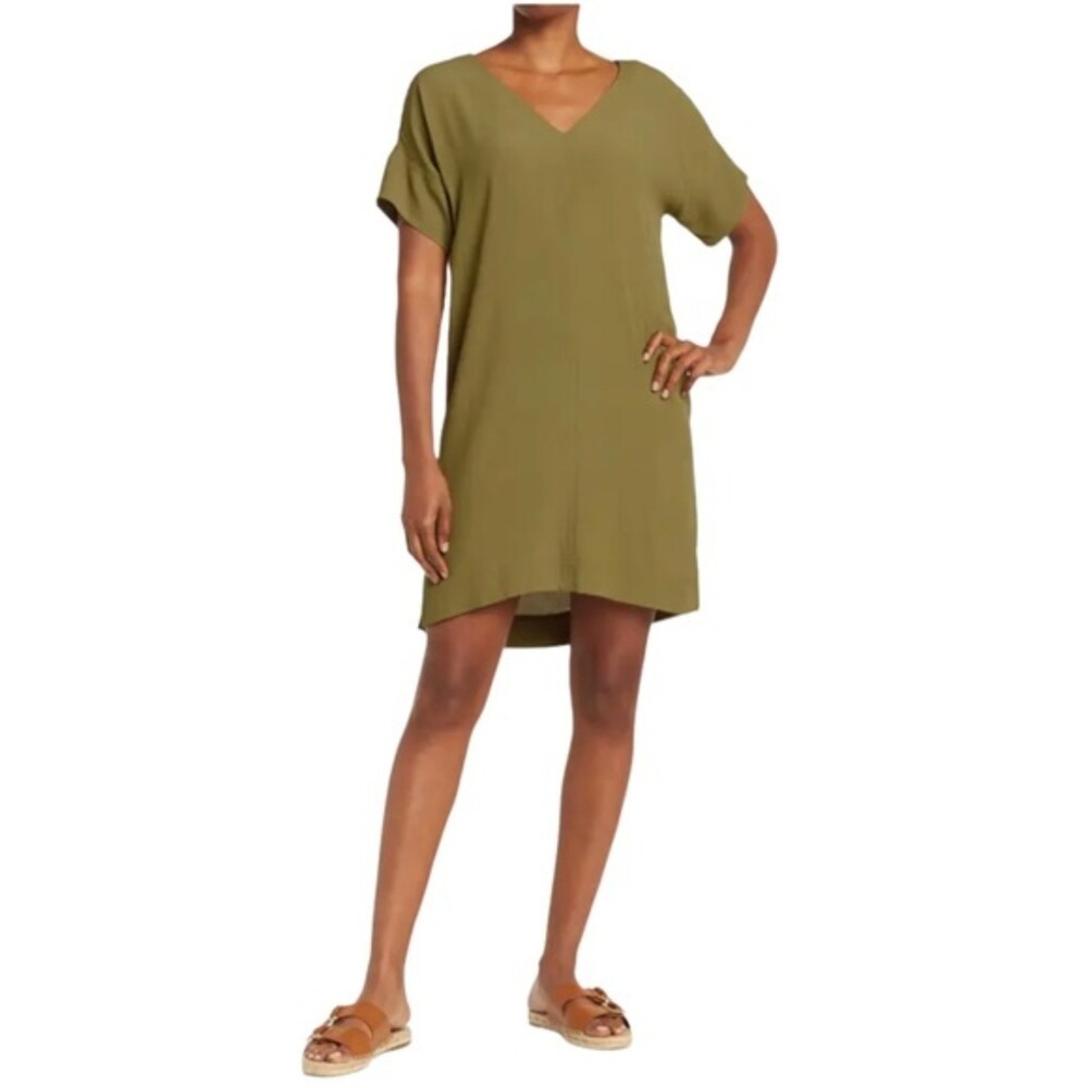 Madewell Novel Dress Size Small Olive Green Crepe Short Sleeve Mini Dress Preppy